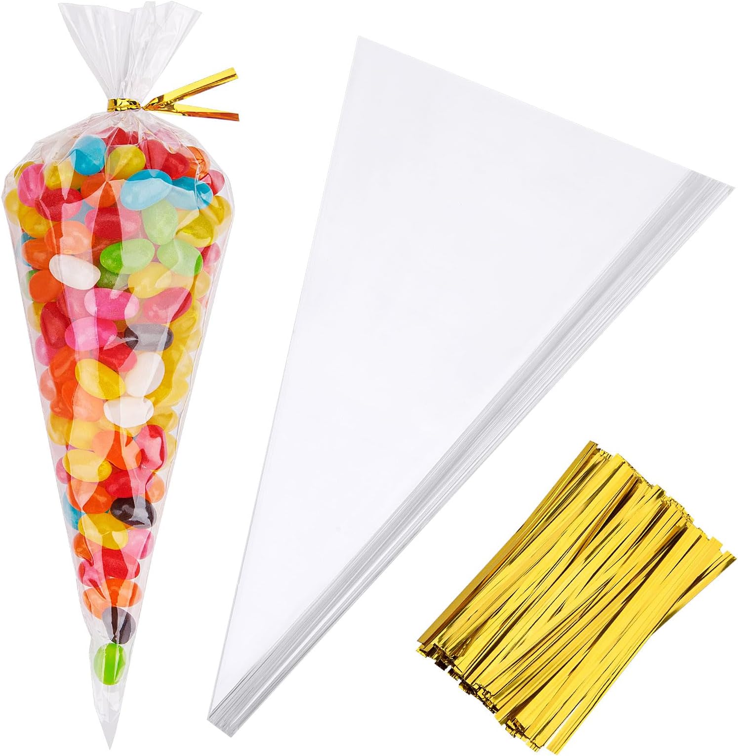 Awpeye100PCS Clear Cone Shaped Treat Bags - 5.12x9.84 Inches Plastic Cone Bags with 100PCS Gold Twist Ties