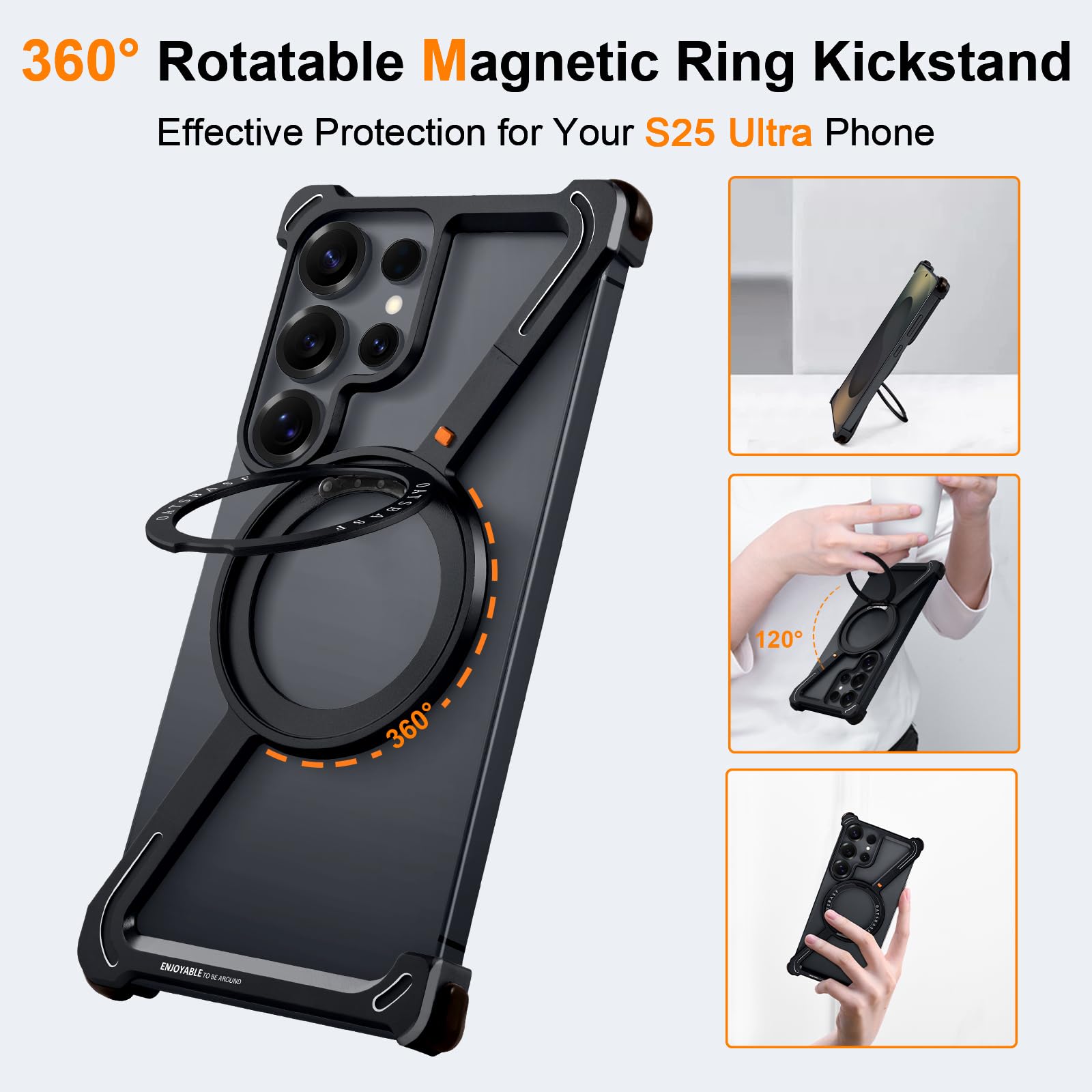 Custodia a forma di Z per Samsung Galaxy S25 Ultra con Magsafe, metallo senza cornice con supporto ad anello magnetico, custodia protettiva con cavalletto girevole a 360°, custodia protettiva