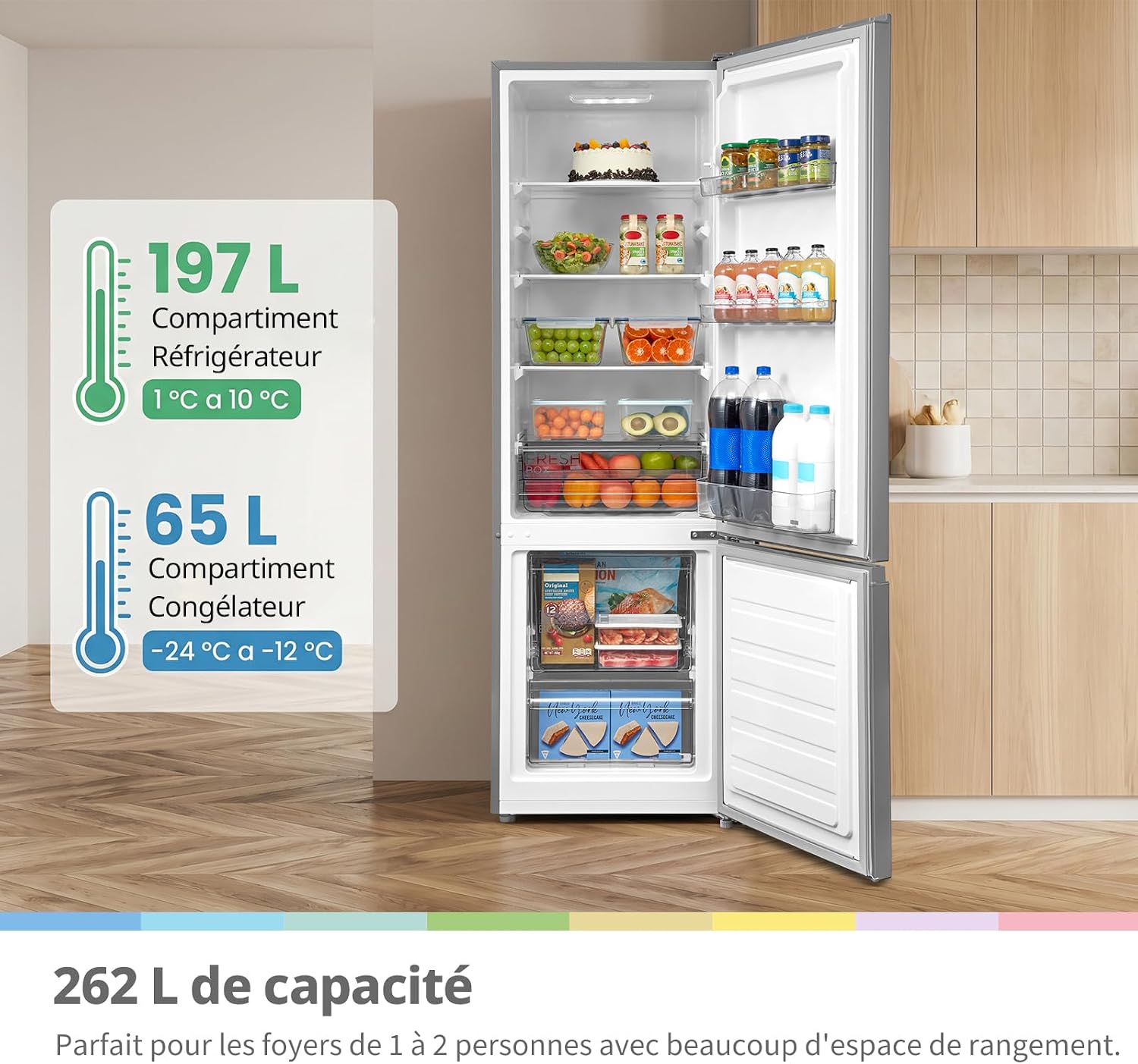 Comfee' 262L (197+65), Frigo Congelateur, Acier Inoxydable [Classe énergétique E] [Classe - Mise en situation et utilisation