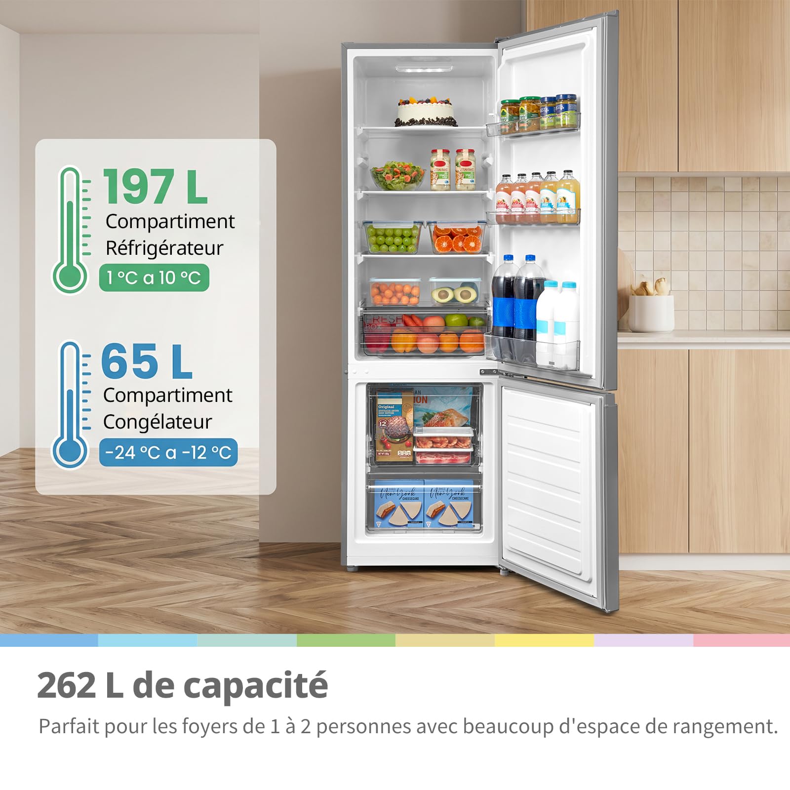Comfee' RCB268LS2EU(E) Réfrigérateur Combiné, 262L(197+65), Grande Capacité, Low Frost, Hauteur 177,3 cm, Faible Bruit 39 dB, Éclairage LED, Température Réglable, Acier Inoxydable