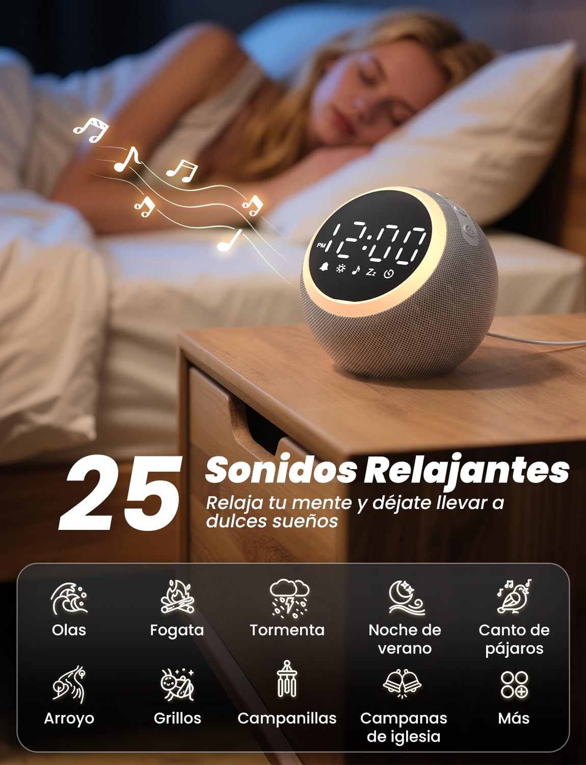 LIORQUE Despertador Luz con Ruido Blanco, 25 Sonidos Calmantes, Volumen Ajustable y Luz Nocturna, Temporizador para Dormir, Ideal para Bebés Niños Adultos, Reloj Despertador Digital para Dormitorios