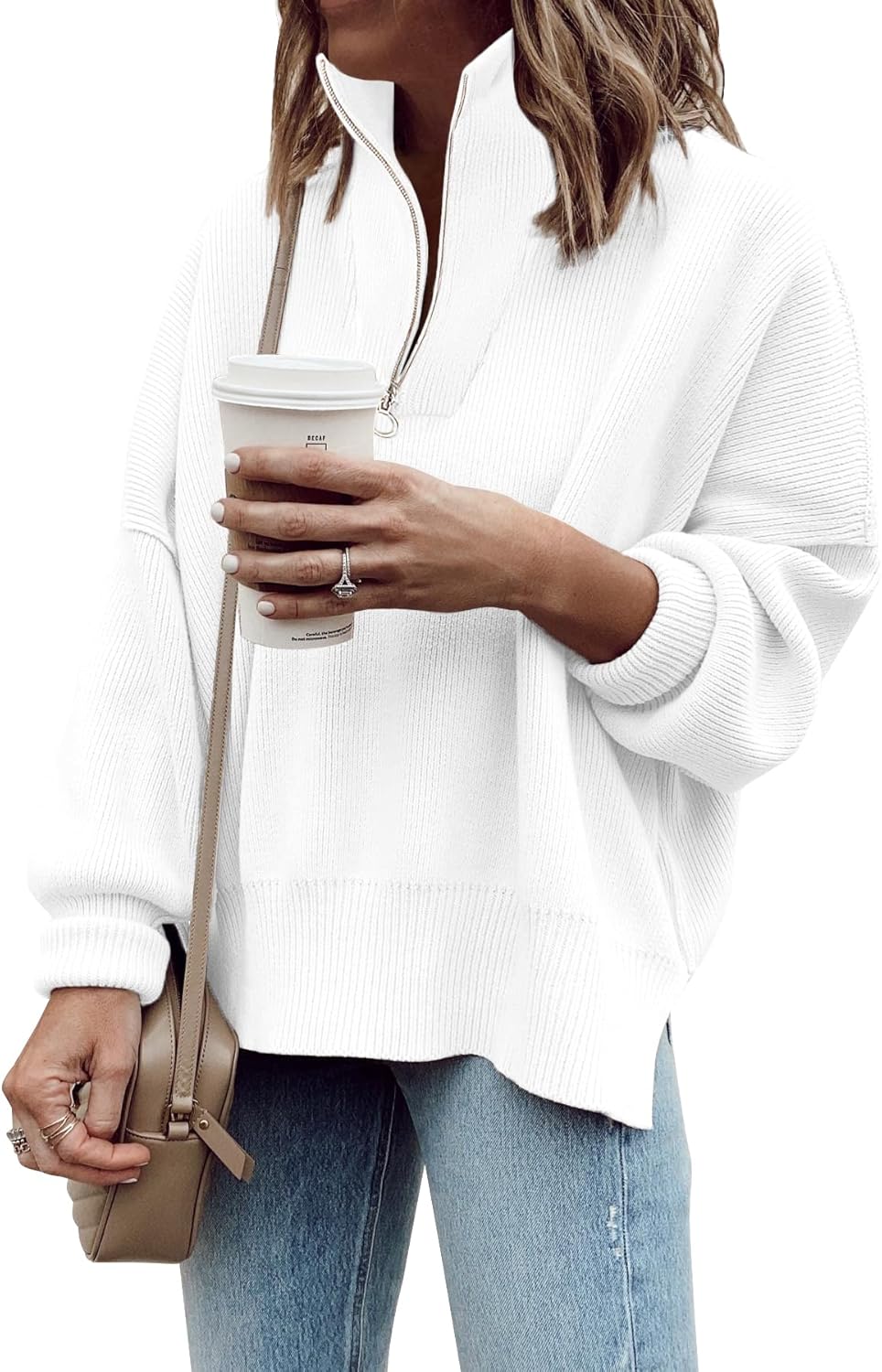 Imily Bela Womens Tunic Sweater Fall Long Sleeve 1/4 Zip Pullover Sweaters Oversized Slouchy Ribbed Knit Sweatshirt with Slit