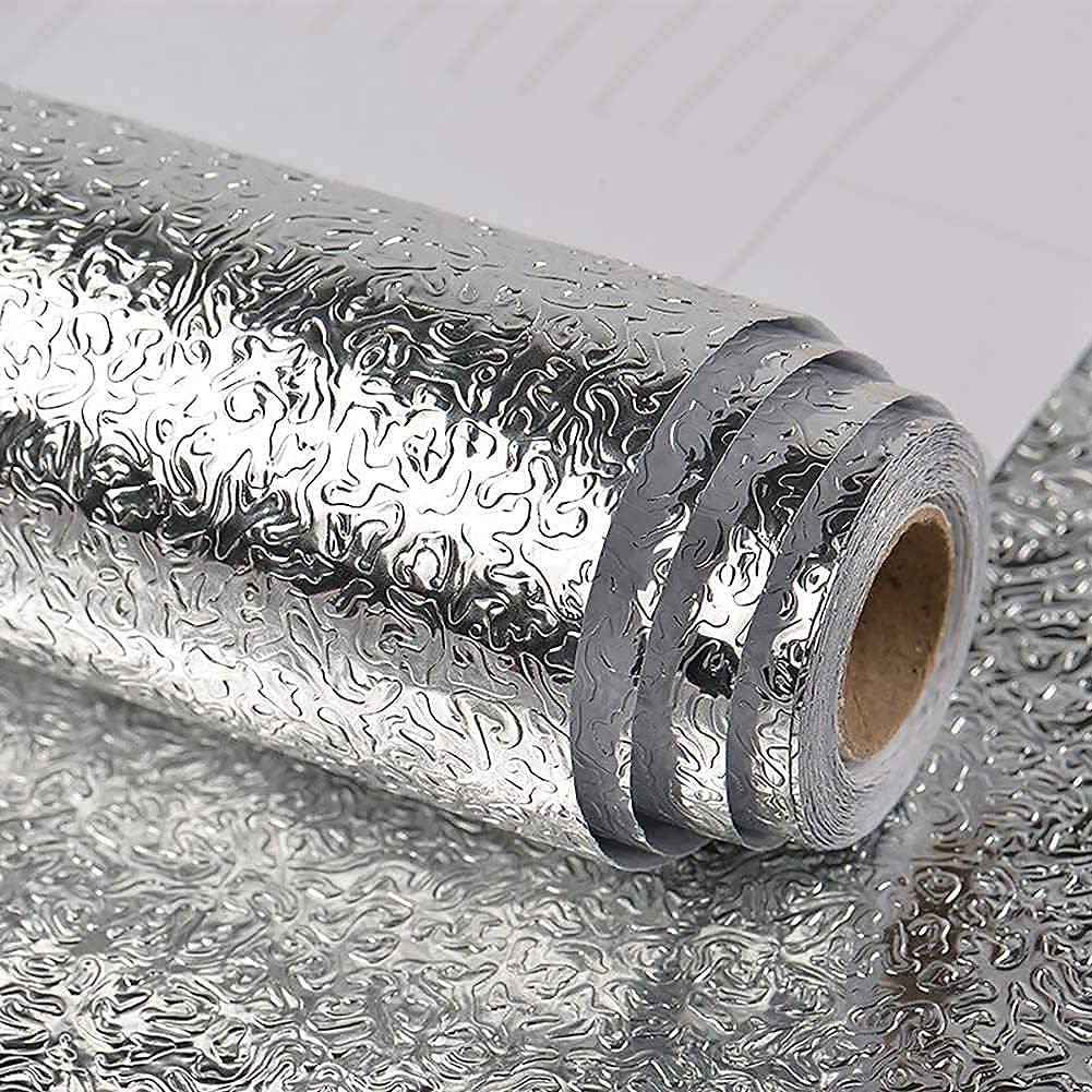 TONY STARKKitchen Oil Proof Aluminium Foil Stickers, Self-Adhesive Wall Sticker Waterproof Anti-Mold and Heat Resistant, Kitchen Backsplash Wallpaper (Silver Plain , 60 X 200 cm)