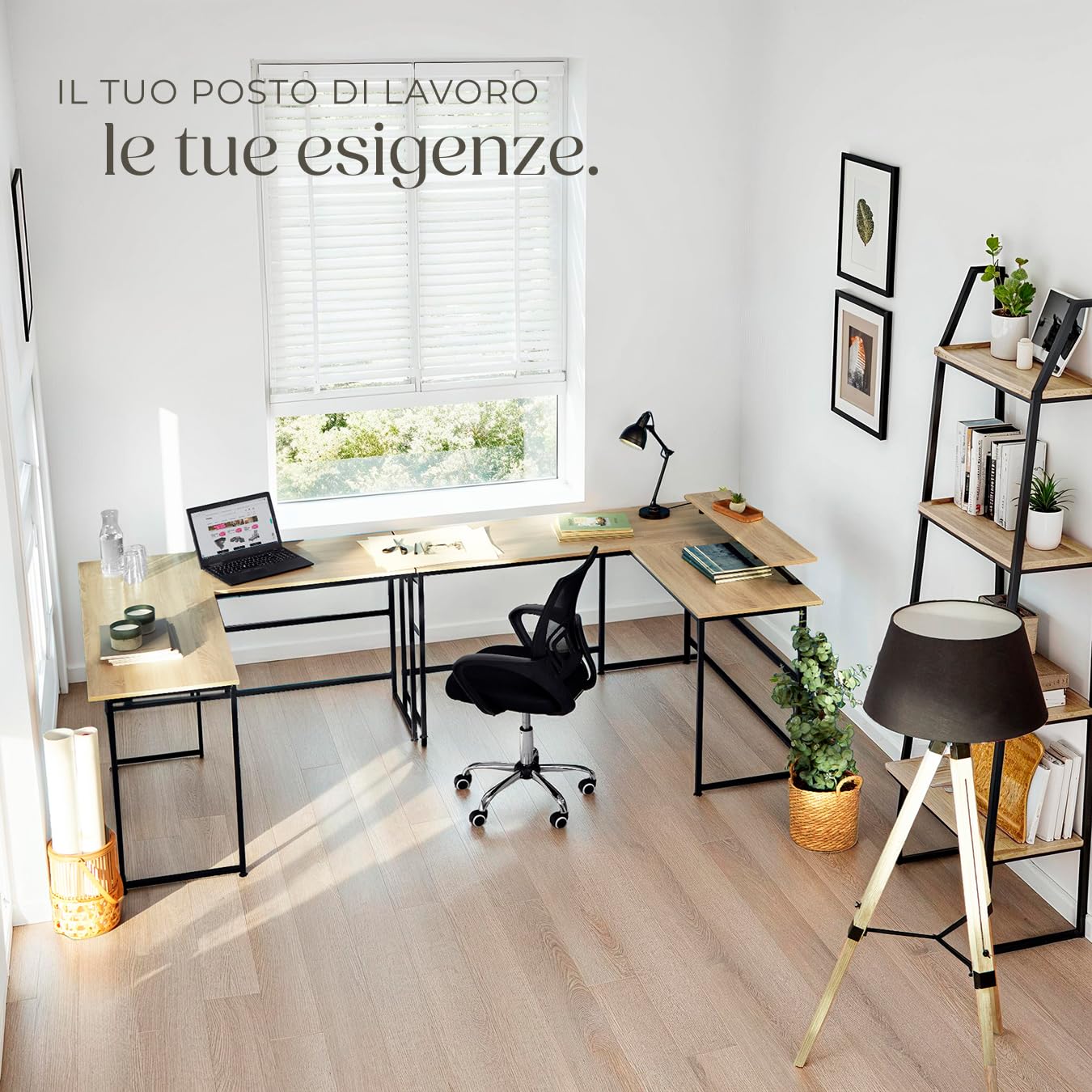 tectake® Scrivania angolare 140x130x76,5 cm, Scrivania Gaming Casa e Ufficio, Ideale Computer Portatile o Computer Fisso, Ripiano rialzato per Monitor, Scrivanie Stile Industriale - Legno Chiaro