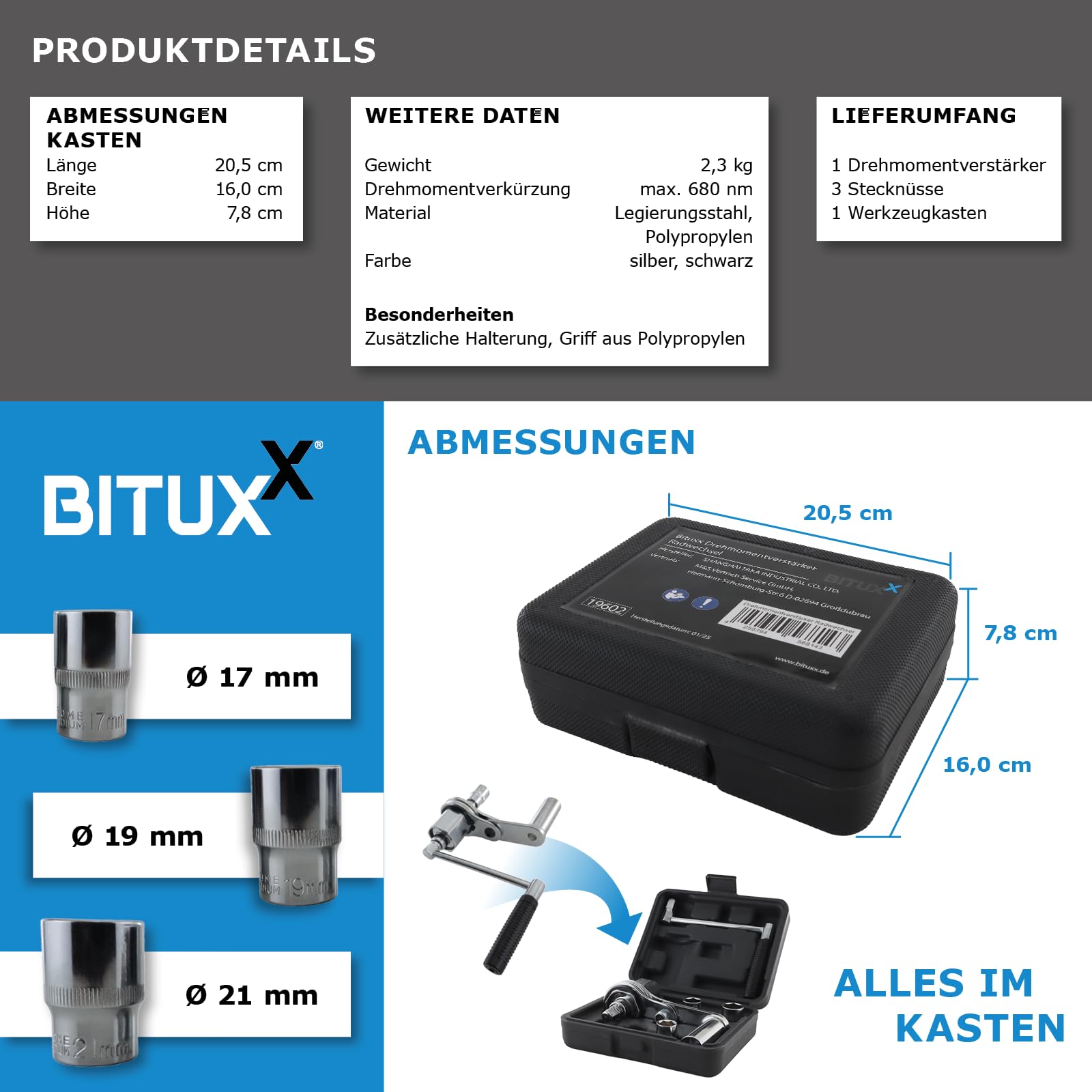 VANPO Drehmomentschlüssel 1/2 Zoll, 20-220Nm, Drehmomentschlüssel-Set