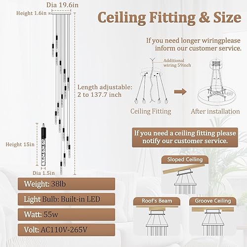 Miniatura 4 de Flashing God Candelabros grandes de cristal de 137 pulgadas para techo alto, 16 luces, lámpara de escalera, moderna lámpara de techo colgante