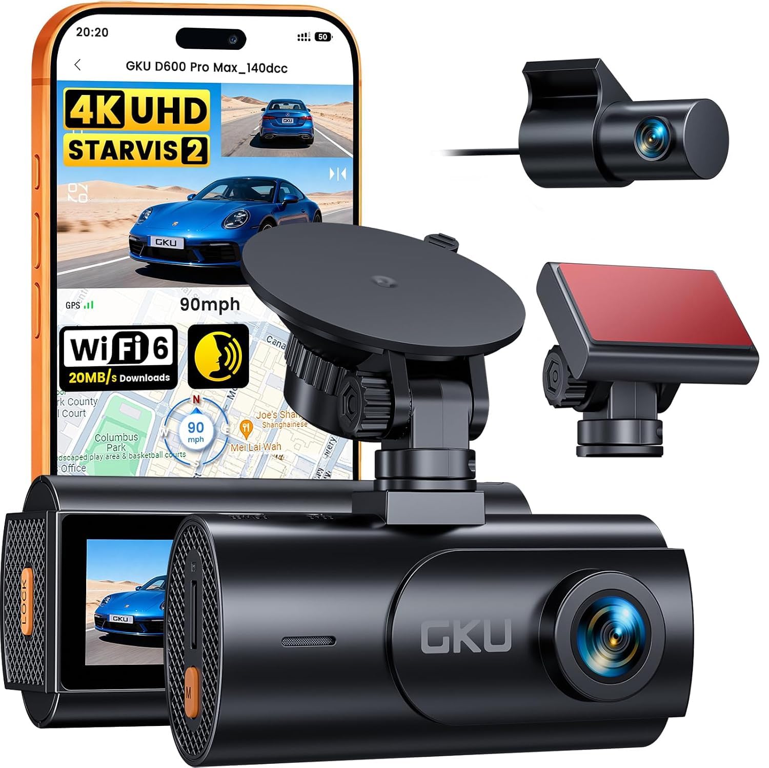 GKU Dashcam Auto Vorne Hinten 4K mit STARVIS 2, Dash Cam Auto | Kamera 3" IPS-Bildschirm,WiFi 6,GPS,Loop-Aufnahme,Kollisionsvoraufzeichnung,Unterstützt 512 GB Max(SD-Karte nicht enthalten)
