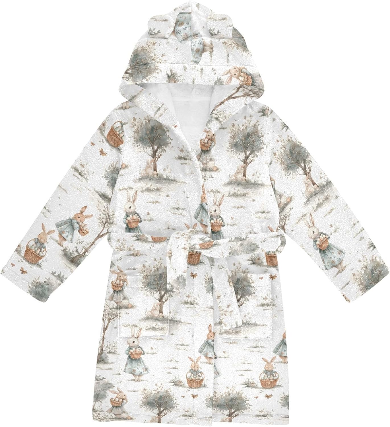 senya Watercolor Cute Bunnies 1 Toddler Hooded Bathrobe Kids Soft Plush Bath Towel Robes for Boys Girls 2-12 Years