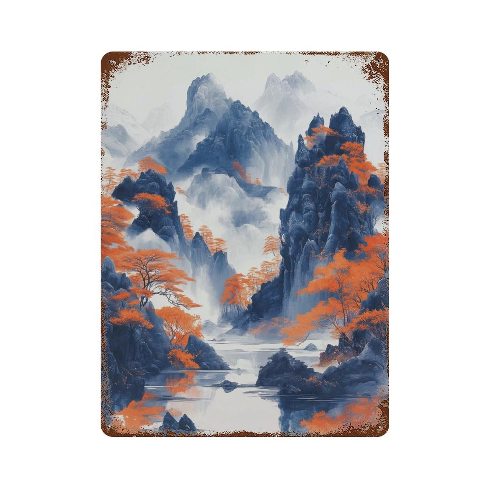 xiaoxiaoshen Misty Mountains Japanese Landscape Blue And Orange Nature Wall Decor Art Metal Tin Poster Modern Home Decor Art Home Bar Shop Decorations Vintage Sign 40x30cm