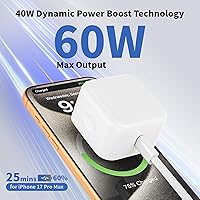 Vista 3 de Bloque de cargador USB C, cargador de pared dinámico de 40 W con 60 W máximo, paquete de 2 enchufes plegables tipo C rápido con cable de carga USB C