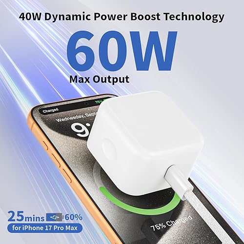 Miniatura 3 de Bloque de cargador USB C, cargador de pared dinámico de 40 W con 60 W máximo, paquete de 2 enchufes plegables tipo C rápido con cable de carga USB C