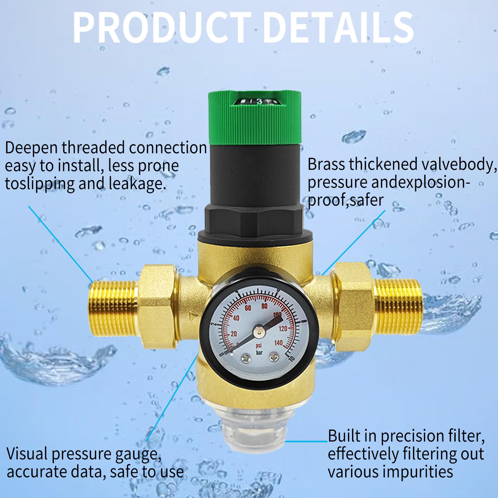 Reductor de Presión de Agua, Válvula Reductora de Presión de 3/4 Pulgada Regulador de Presión de Latón Válvula Reductora de Presión de Agua Con Manómetro Y Filtro de Tamiz de Acero 316