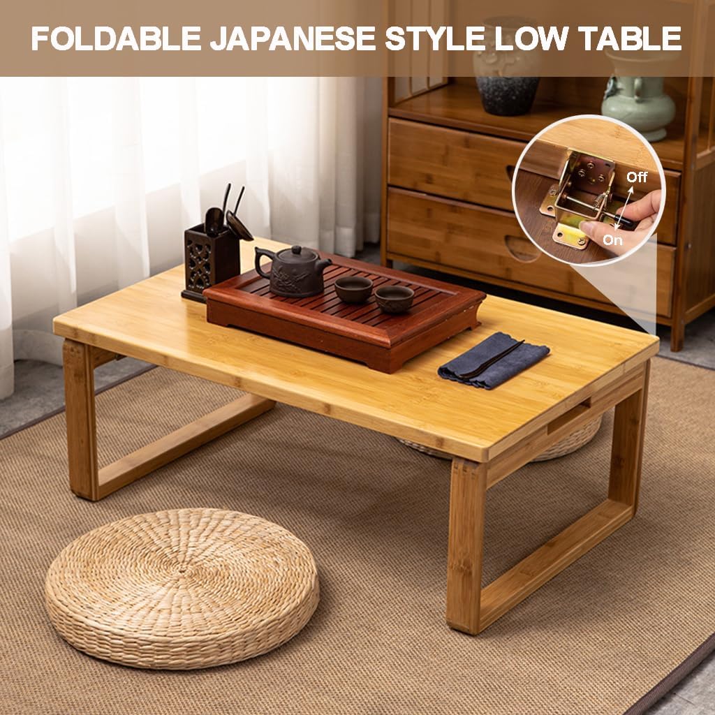 Portable Rectangle Foldable Coffee Table - Japanese Low Bamboo Table for Sitting on Floor, Dining, Tatami - Living Room Bedroom Meditation (23.6*15.7*10.2in)