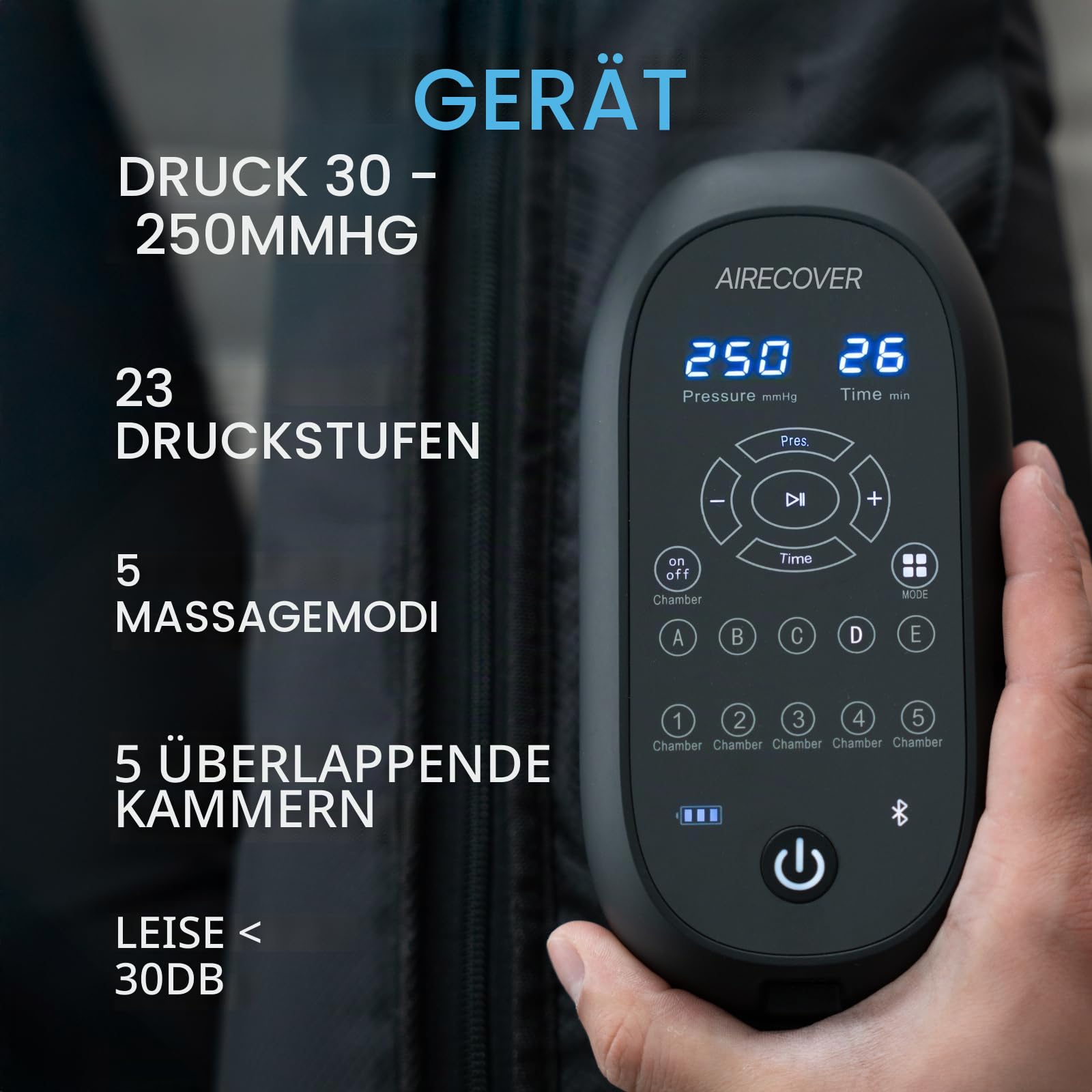 Kabelloses Beinmassagegerät, Recovery Boots mit 5 Luftkammern, Lymphdrainage & Muskelentspannung, Pressotherapie für Durchblutung & Erholung,30-250 mmHg, 5 Modi(M)