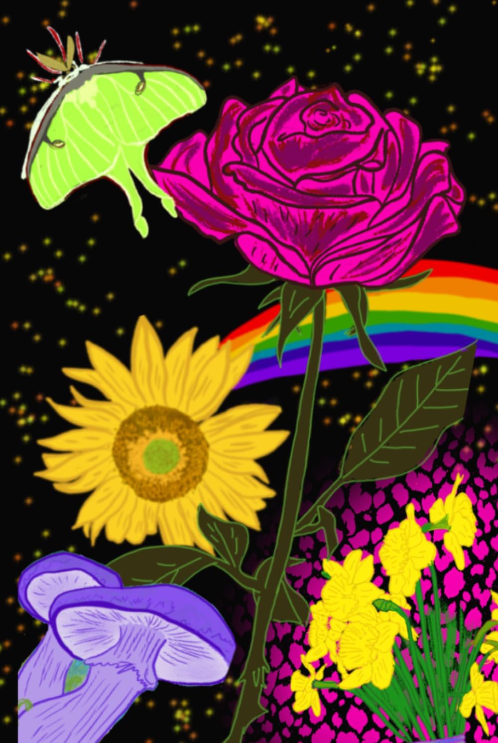 Radiant Blooms: A Bright and Colorful Blank Journal with Roses, Sunflowers, Rainbows, Mushrooms, and Daffodils      Hardcover – March 4, 2025