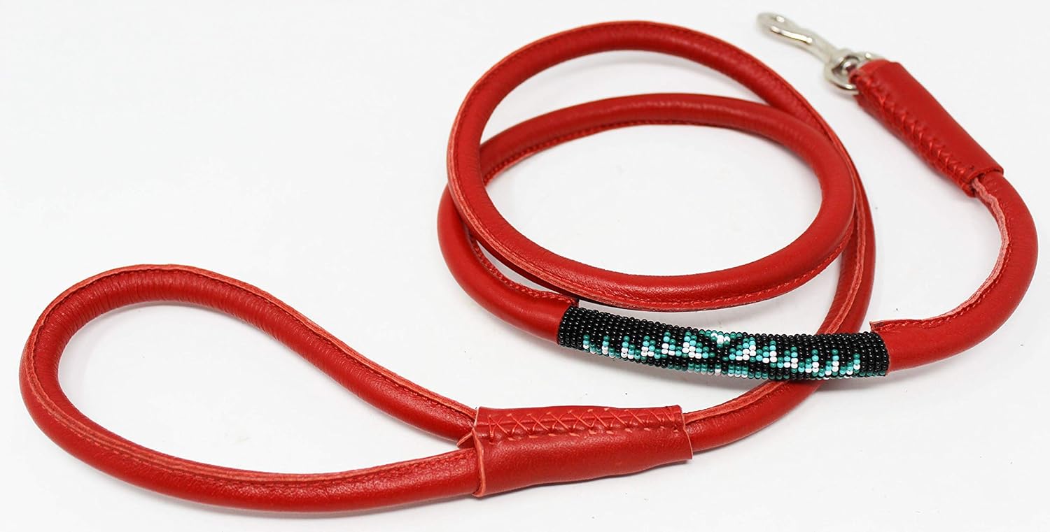 CHALLENGER Soft Rolled Leather Beaded Dog Collar Leash 600RT08RD-A