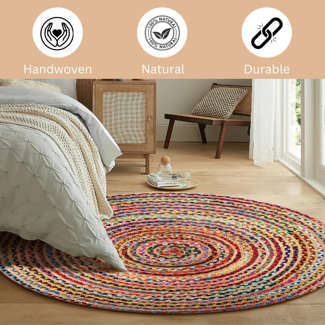 Hand Woven Braided Rug Jute Chindi 3 Feet Round - Rustic Farmhouse Bohemian Accent Rug for Living Room Bedroom Kitchen Entryway Reversible Floor Mats - Jute Cotton Braid Area Rug