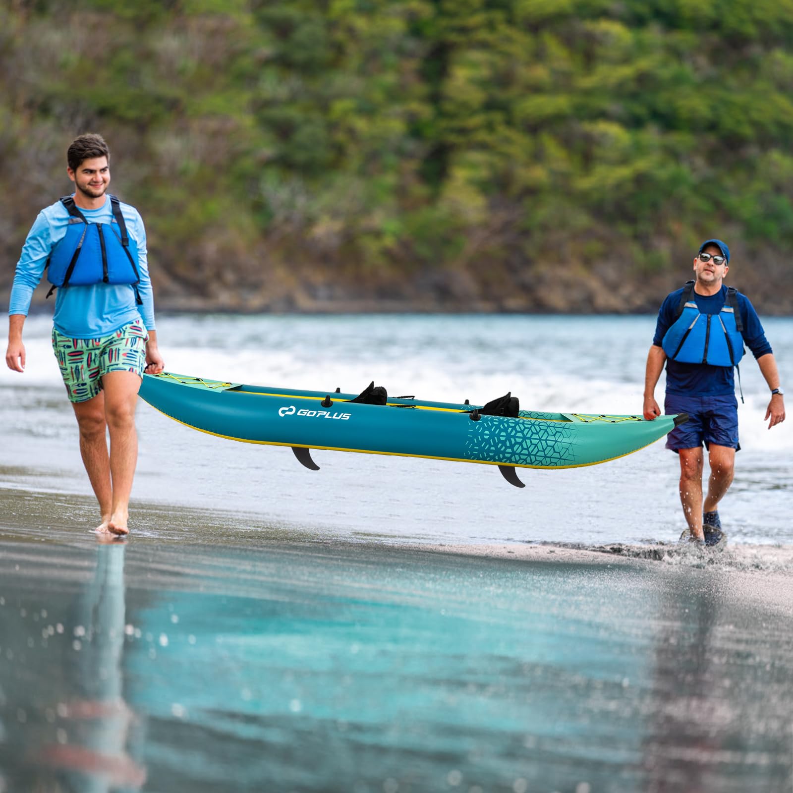 GOPLUS Kayak Gonflable 2 Personnes, Canoe Randonnée 382 cm avec Sièges et Repose-Pieds Réglables, 2 Pagaies, Fixations, 2 Dérives, Pompe à Main, Kit de Réparation, Sac Transport, Charge 230 kg