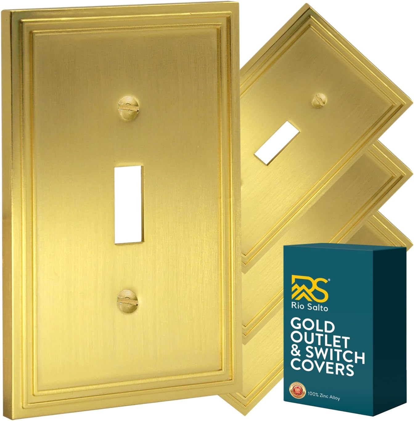 Rio Salto Metal Modern Edge Double Line Toggle Light Switch Cover Plate Outlet Plate Decorative Switch Covers for Electrical Outlets 1-Gang 4 Pack [High-Contrast Yellow-Gold]