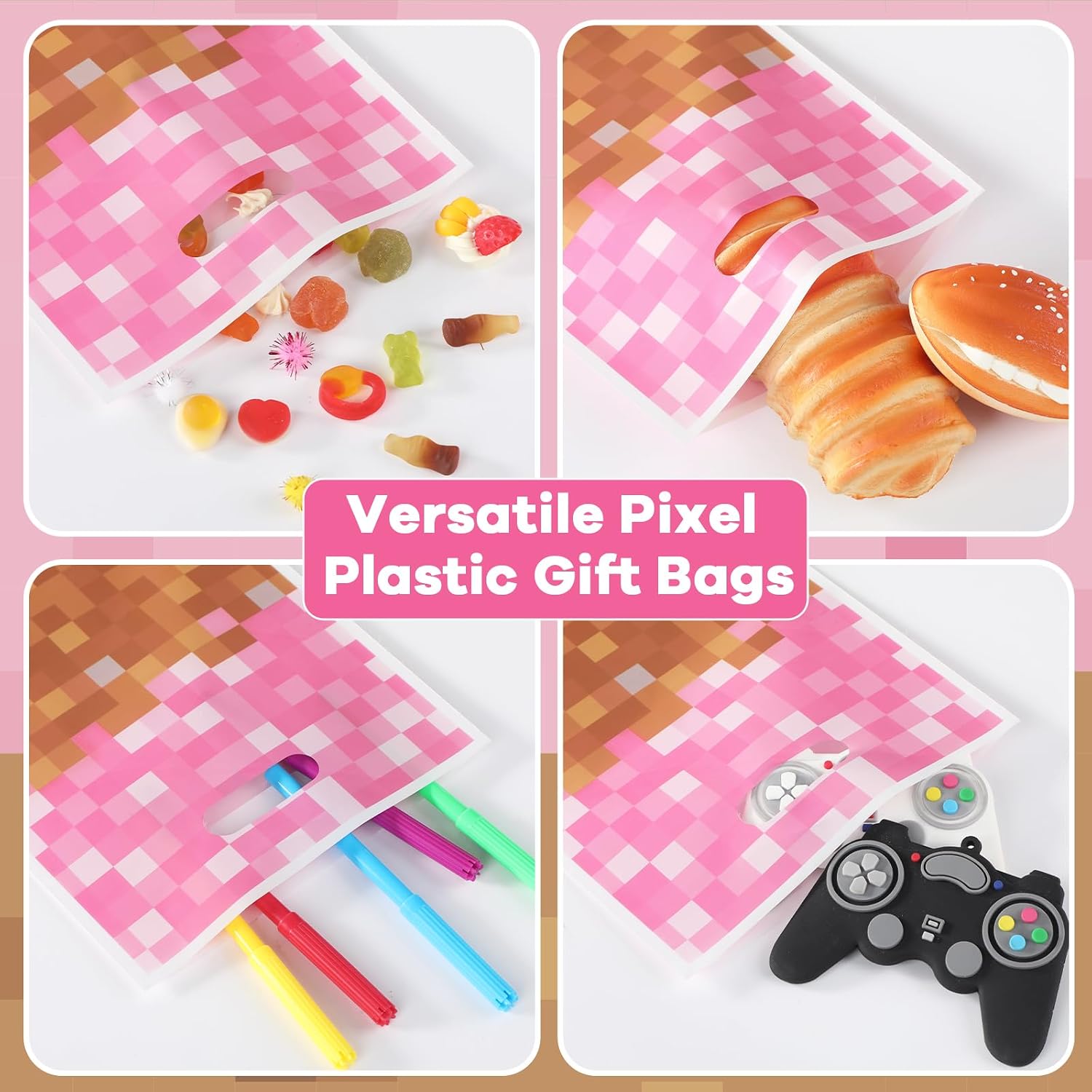 50Pcs Pixel Girl Birthday Favors Bag Girls Gamer Party Plastic Gift Bags Video Game Party Candy Snack Bag Pink Pixel Theme Goodie Treat Bags for Kids Gamer Birthday Decoration Supplies 9.8 x 6.5Inch image 4