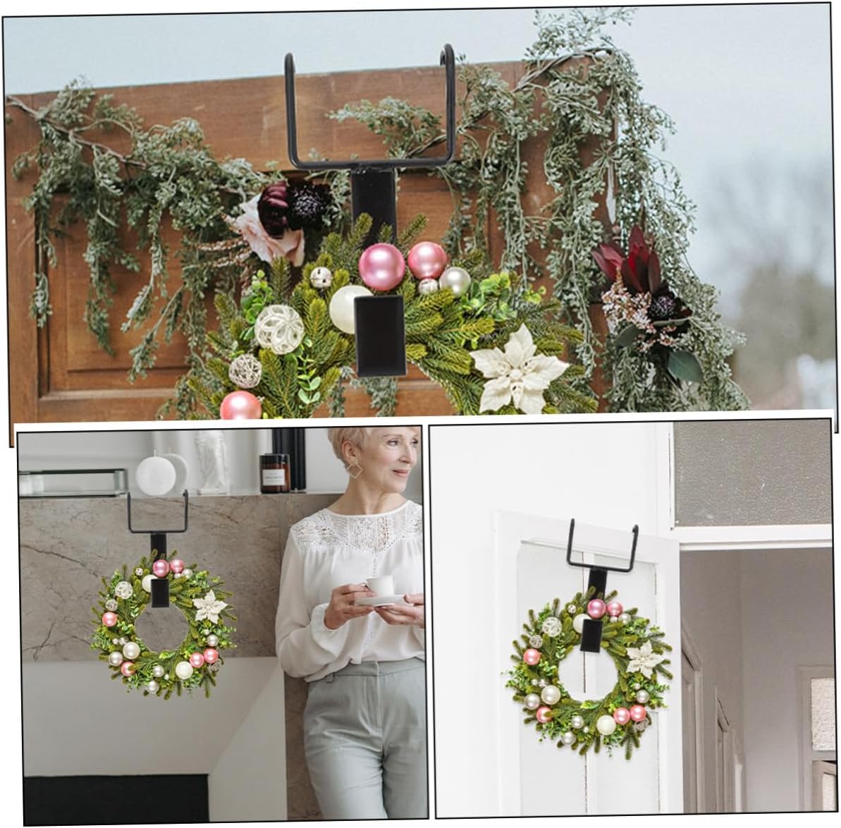 Tofficu Front Door Wreath Hanger Over The Door Hook Cast Iron Double Hook Black 4pcs Garland Holder for Christmas Decorations and Holiday