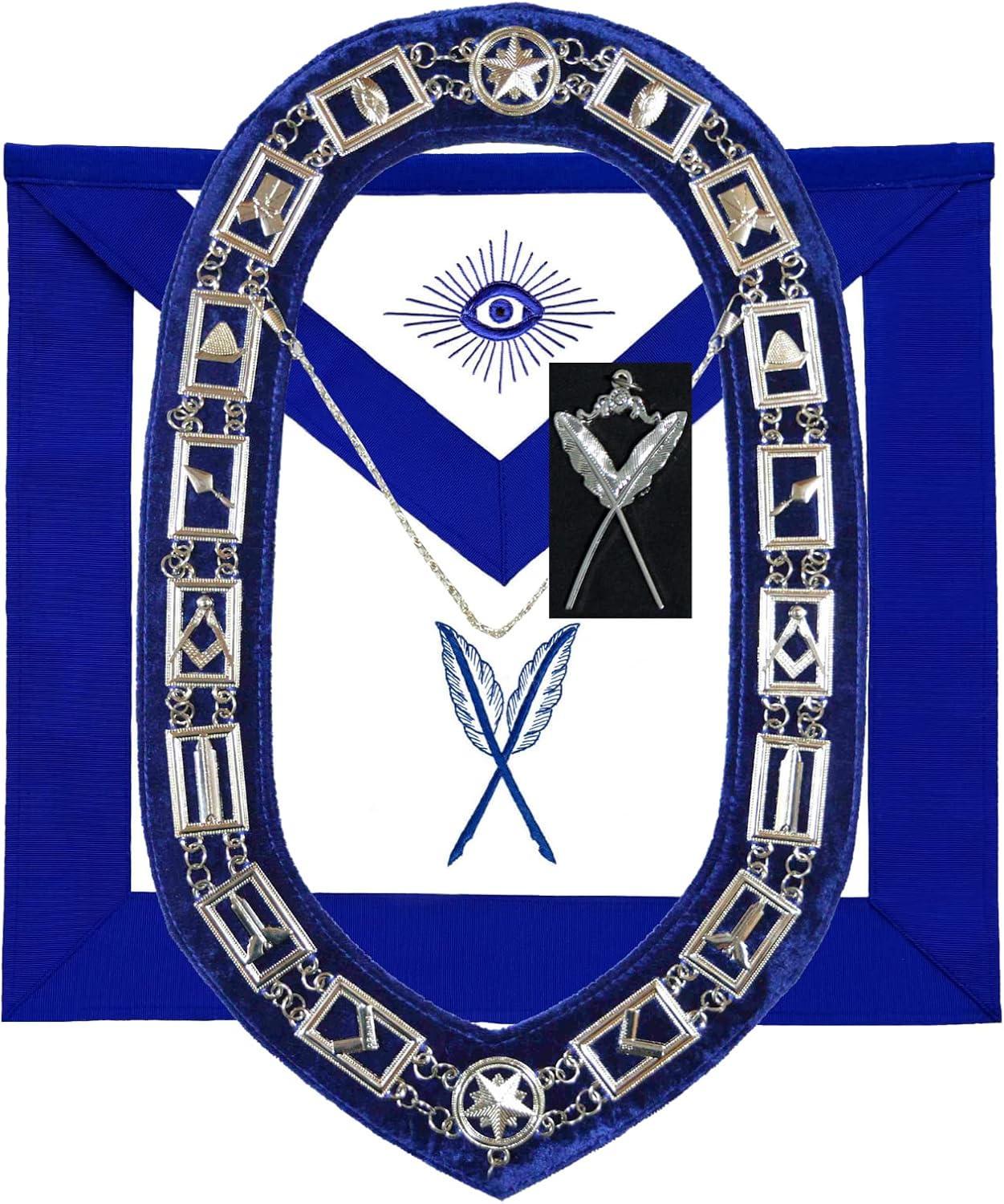 MASONIC BLUE LODGE OFFICER SECRETARY APRON SILVER CHAIN COLLAR AND JEWEL