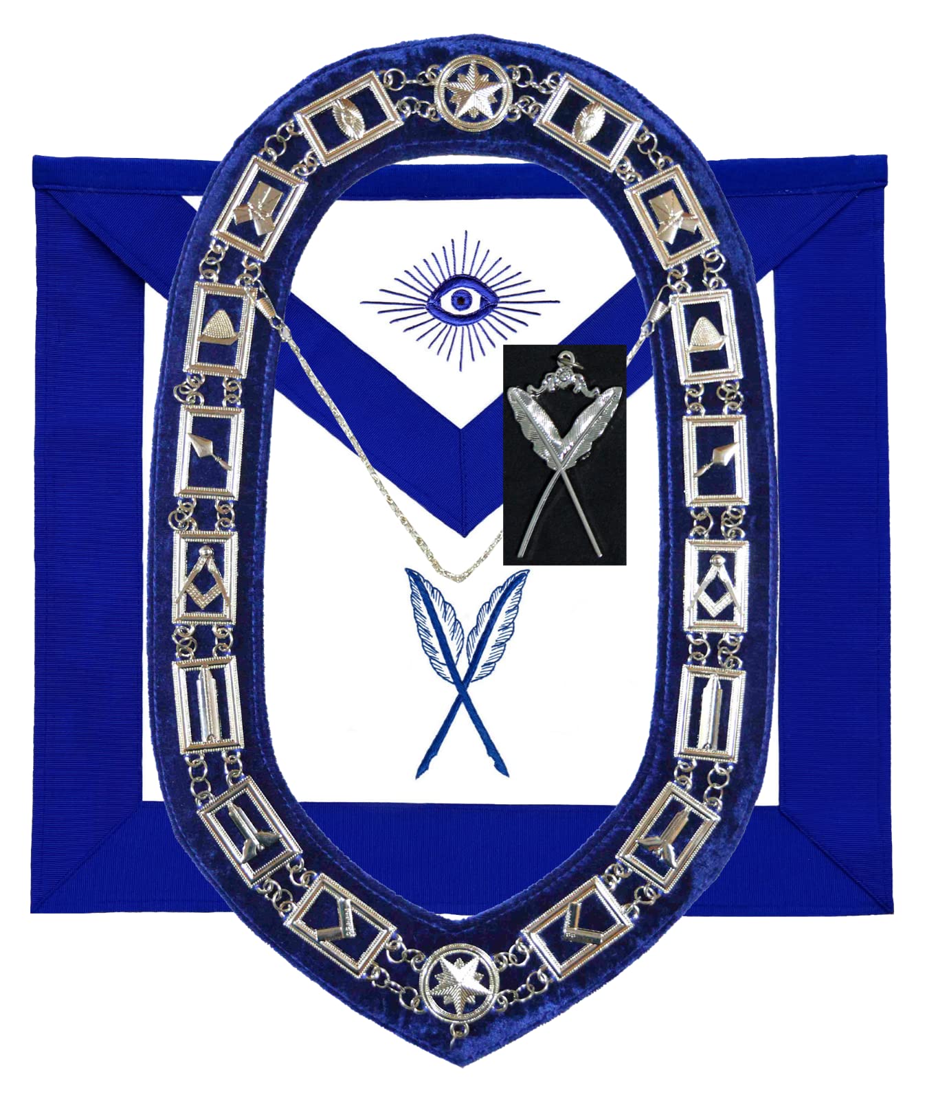 MASONIC BLUE LODGE OFFICER SECRETARY APRON SILVER CHAIN COLLAR AND JEWEL