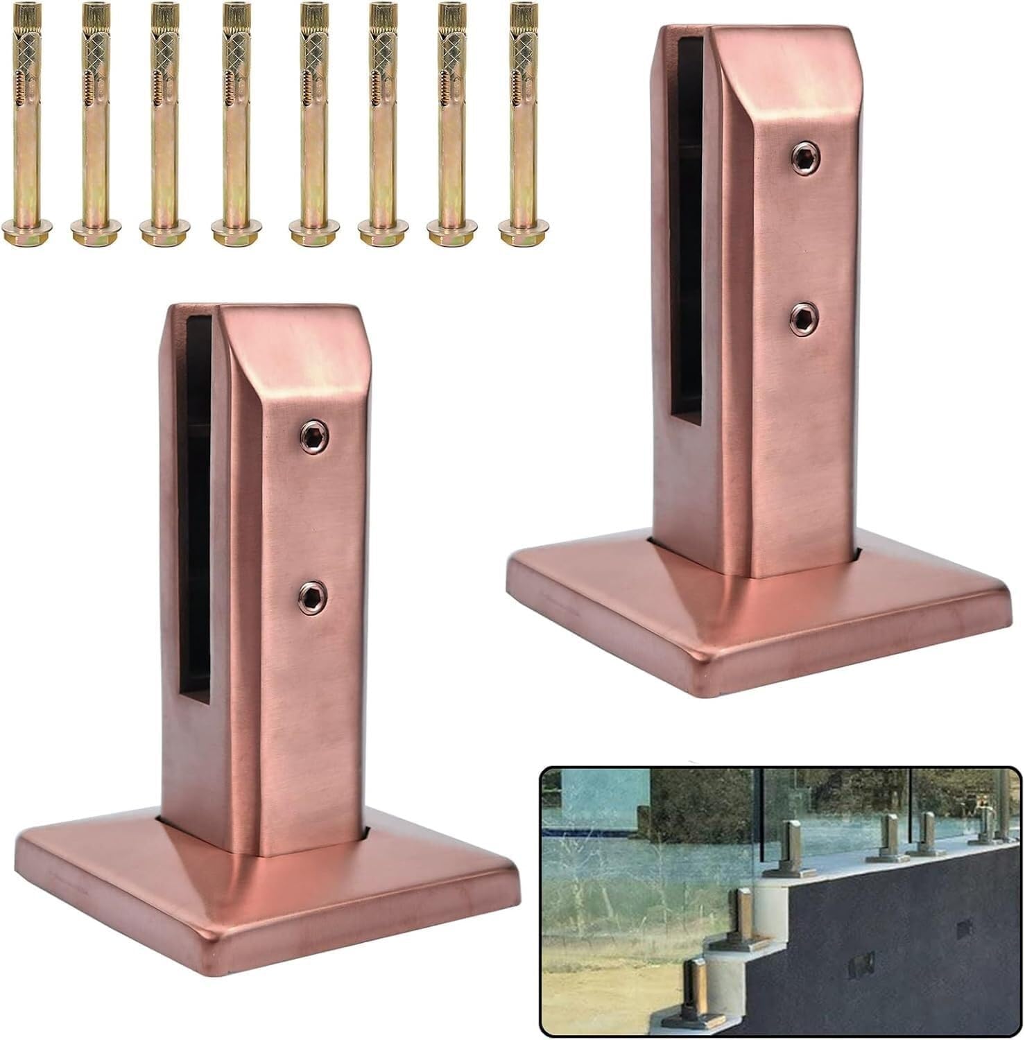 Jvfbjlf Rose Gold2 Pcs Glass Pool Fence Spigot Glass Railing Spigot Railing Clip Brackets For Deck Balcony Glass Railing Stainless Steel Glass Clips(200Mm)