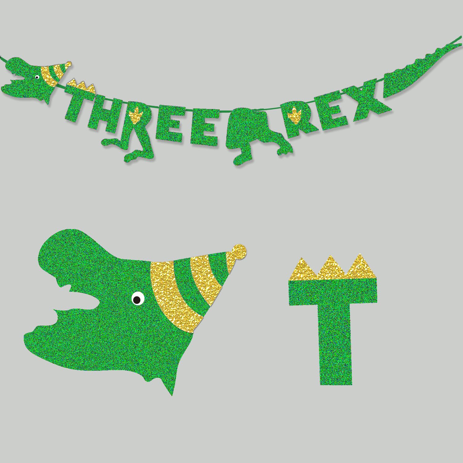 Drei Rex Dinosaurier Banner Für 3. Geburtstag – Grüne Glitzer-Girlande Mit T-Rex Motiven