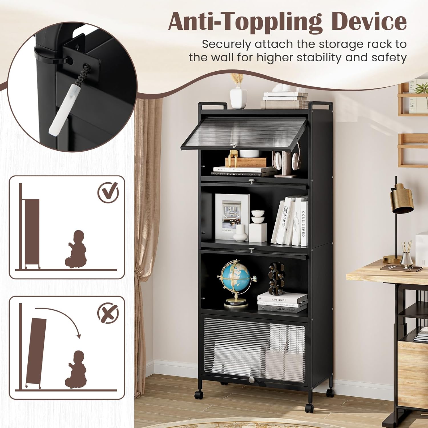 HAPPYGRILL 5-Tier Kitchen Storage Cabinet, Mobile Microwave Stand w/Flip Door Cabinets, Bread Rack, Coffee Stand, Bakers Rack w/ 4 Lockable Casters for Dining Room Living Room (Black)