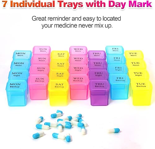 Miniatura 5 de Jasilon Organizador de pastillas 4 veces al día, organizador semanal de píldoras, pastillero de viaje, organizador de medicamentos de 7 días,