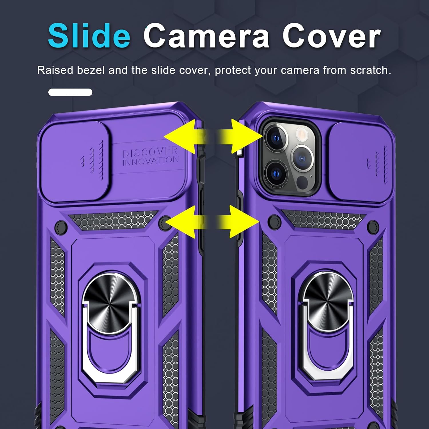 Janmitta Case for iPhone 15 Phone Cover Built in Slide Camera Lens Cover+Screen Protector,Heavy Duty Shockproof Full Body PhoneCase with Finger Ring Holder Kickstand,Purple - Image 3