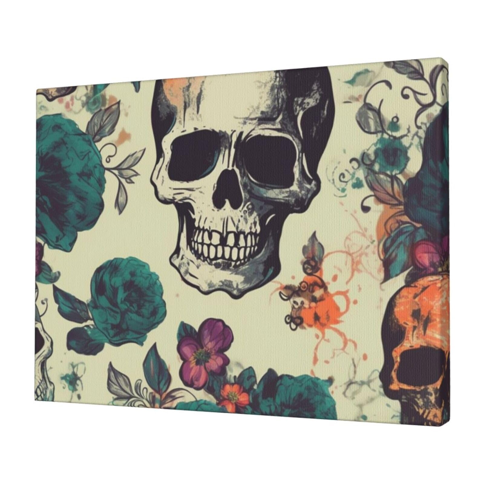 KLOPH Skull flower Canvas Wall Art for Living Room 12"x16" Modern Artwork Painting for Bathroom Hanging Canvas Prints Aesthetic Wallart for Bedroom Kitchen Office Wall Decor
