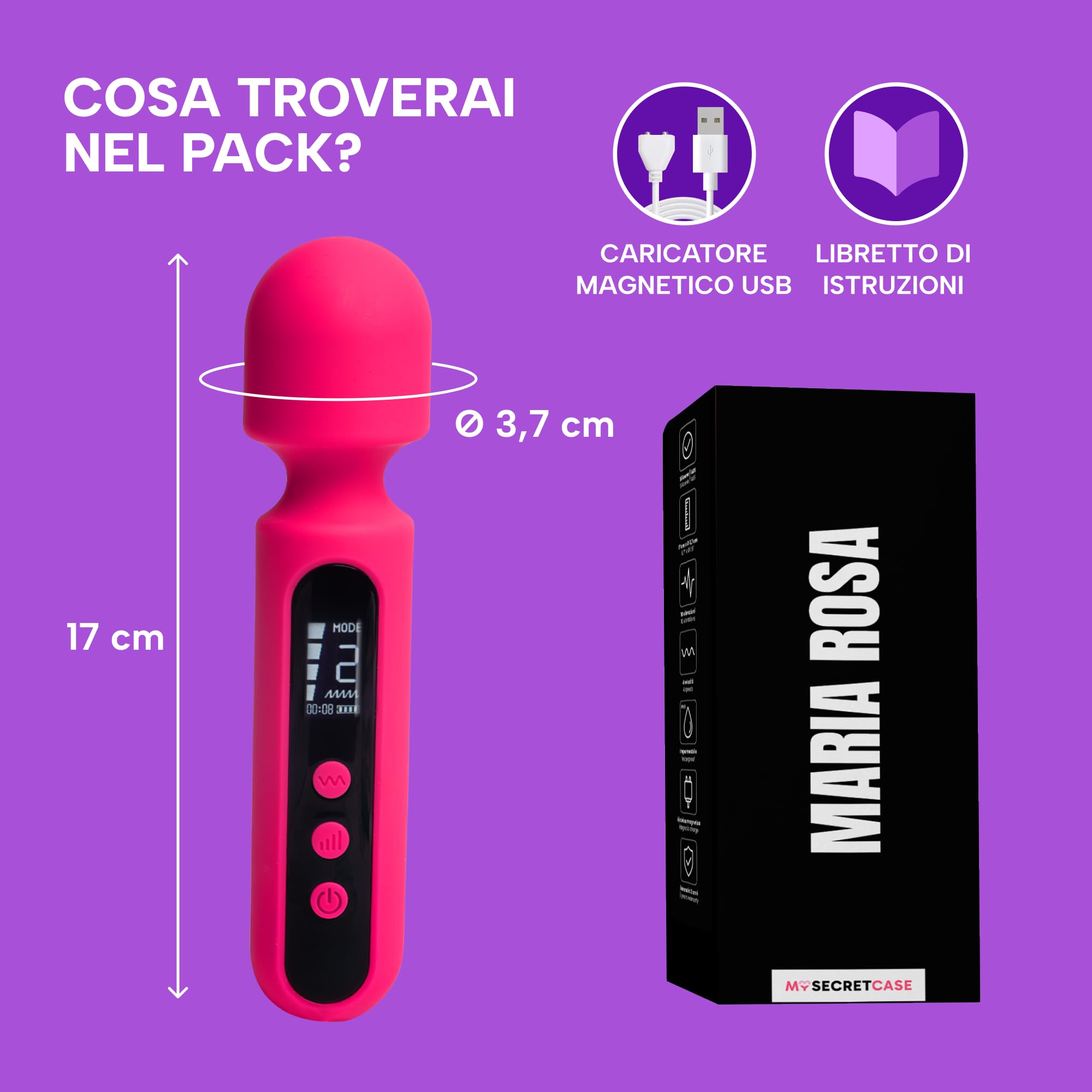 MySecretCase Vibratoreper Donna Piccolo Massaggiatore Wand Professionale 10 Vibrazioni, 4 Intensità Stimolatore per Clitoride Potente Compatto Stimolatore Clitoride Femminile Sextoysys Donna IPX6 USB