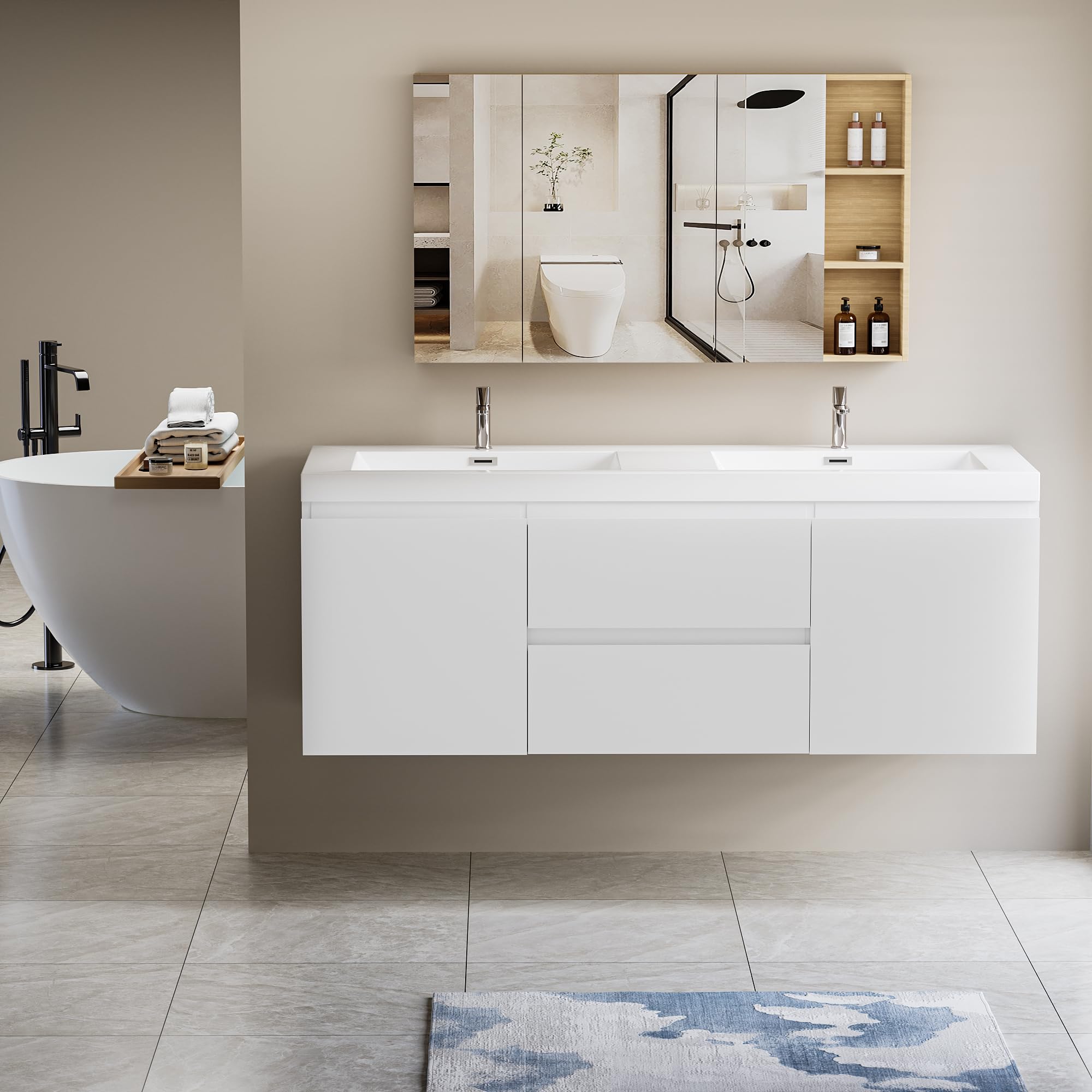 Bathroom Vanity with Sink,Modern Floating Cabinet with Soft Close Door Drawers (White, 60 inches Bathroom Vanity with Double Sink)