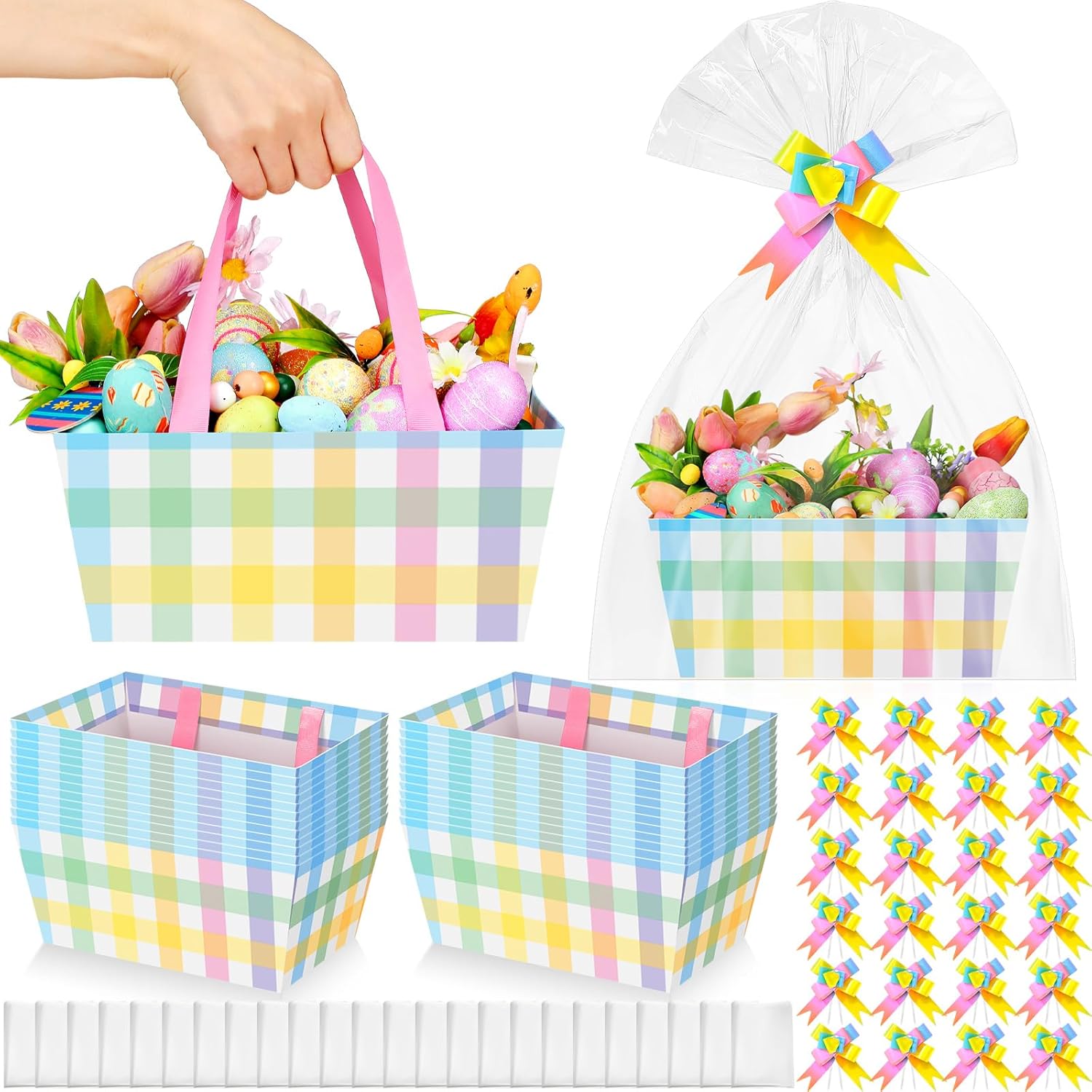 Funnymoom 24 Pcs Easter Basket for Gifts Empty Easter Plaid Gift Basket Empty to Fill with Handle, Transparent Bag and Bow for Spring Wedding Birthday Party Favor Supplies, 9.8 x 6.5 x 4.3''