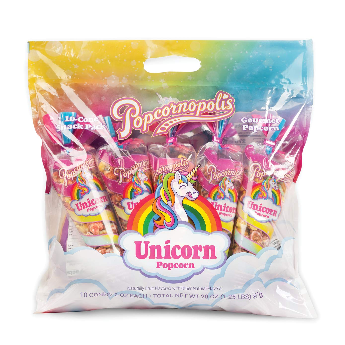 Popcornopolis Unicorn Popcorn, 10 Cone Snack Pack, Individual Gift Cones, Party Favor, Natural Berry & Lemon Fruit Flavored