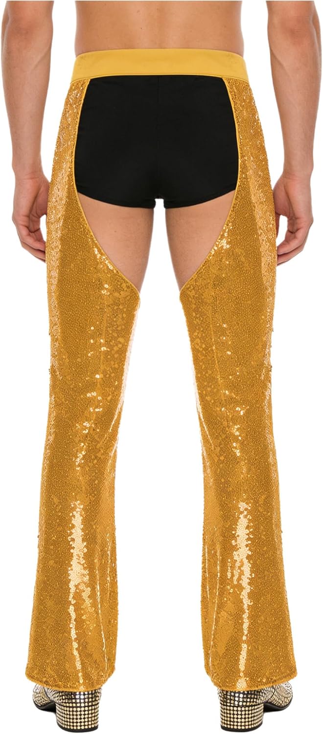 Mens Womens Cowboy Glittery Chaps Pants Fancy Dress Adjustable Waist Cutout Sequin Cowgirl Pants