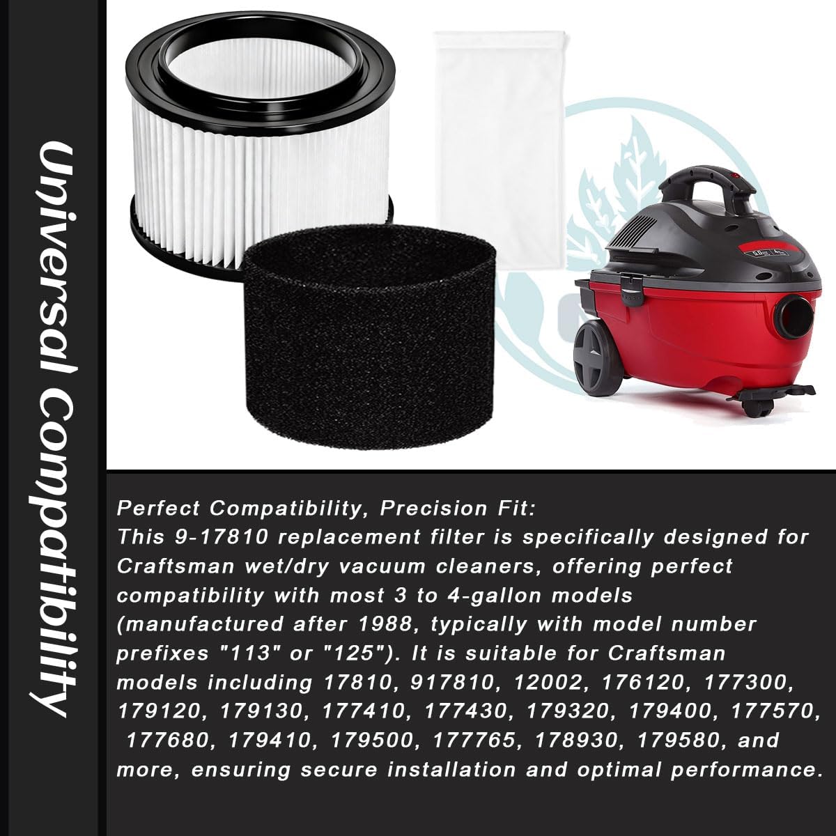 9-17810 Filter for Craftsman 3-4 Gallon Wet Dry Vac Compatible with Craftsman 17810 Shop Vac for Workshop, Auto & Jobsite Debris，2 Pack with 4 foam sleeve filter & 10 Pre-Filter Bags