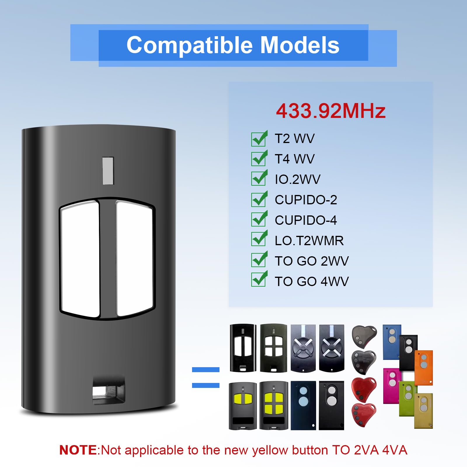 433,92MHz Mando Garaje Universal,2 unidades de mando a distancia para to.GO 2WV 4WV,IO.2WV,LO.T2WMR,T2 WV,T4 WV,CUPIDO-2,CUPIDO-4,4 Canales Clonador Mando Garaje Inalámbrico