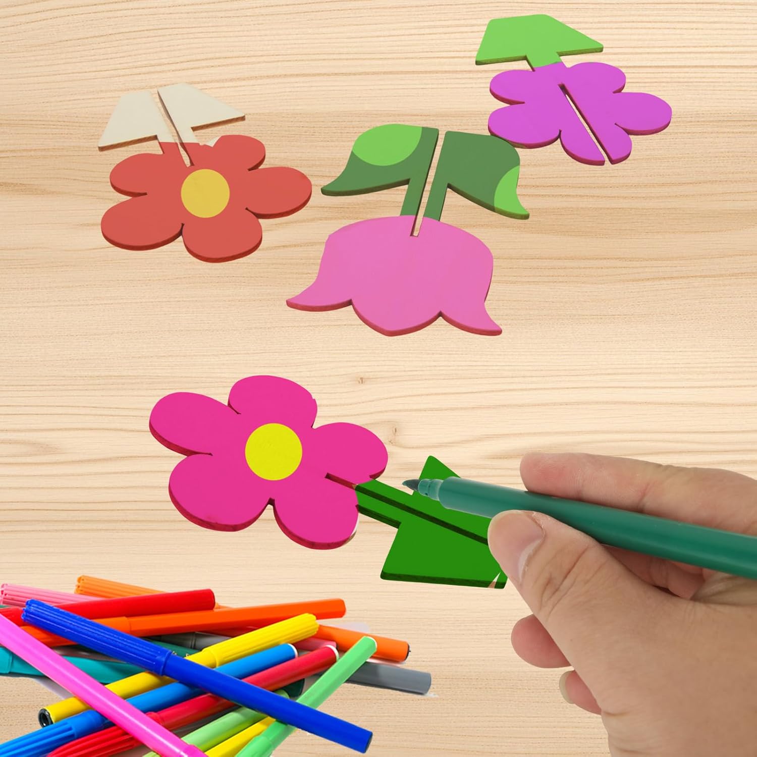 96PCS DIY 3D Flower Spring Wood Crafts to Paint, Unfinished Blank Flower Wooden Cutouts for Craft, Flowers Ornaments for Painting Decorations