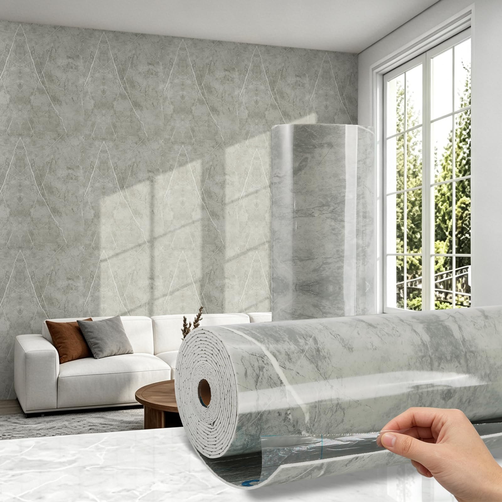 Trafagala 2 Roll Thick Self Adhesive Bathroom Wallpaper Waterproof Grey Marble Vinyl Wrap Damp Proof Foil Backed Anti Mould Wall Covering Thermal Wallpaper Peel and Stick to Cover Bad Walls Kitchen