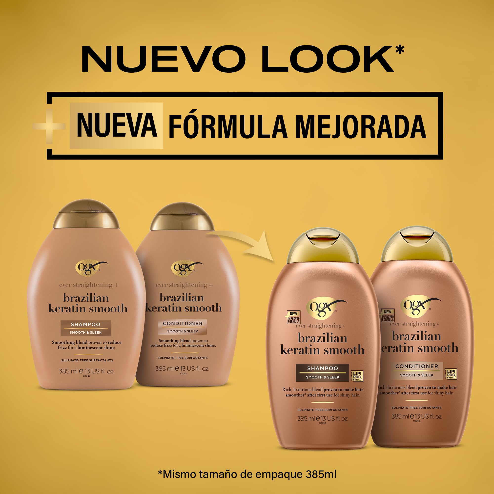 OGX Set Ever Straightening + Brazilian Keratin Smooth Shampoo y Conditioner, set de champú y acondicionador alisador con keratina, sin sulfatos, para pelo rizado, 2x385 ml