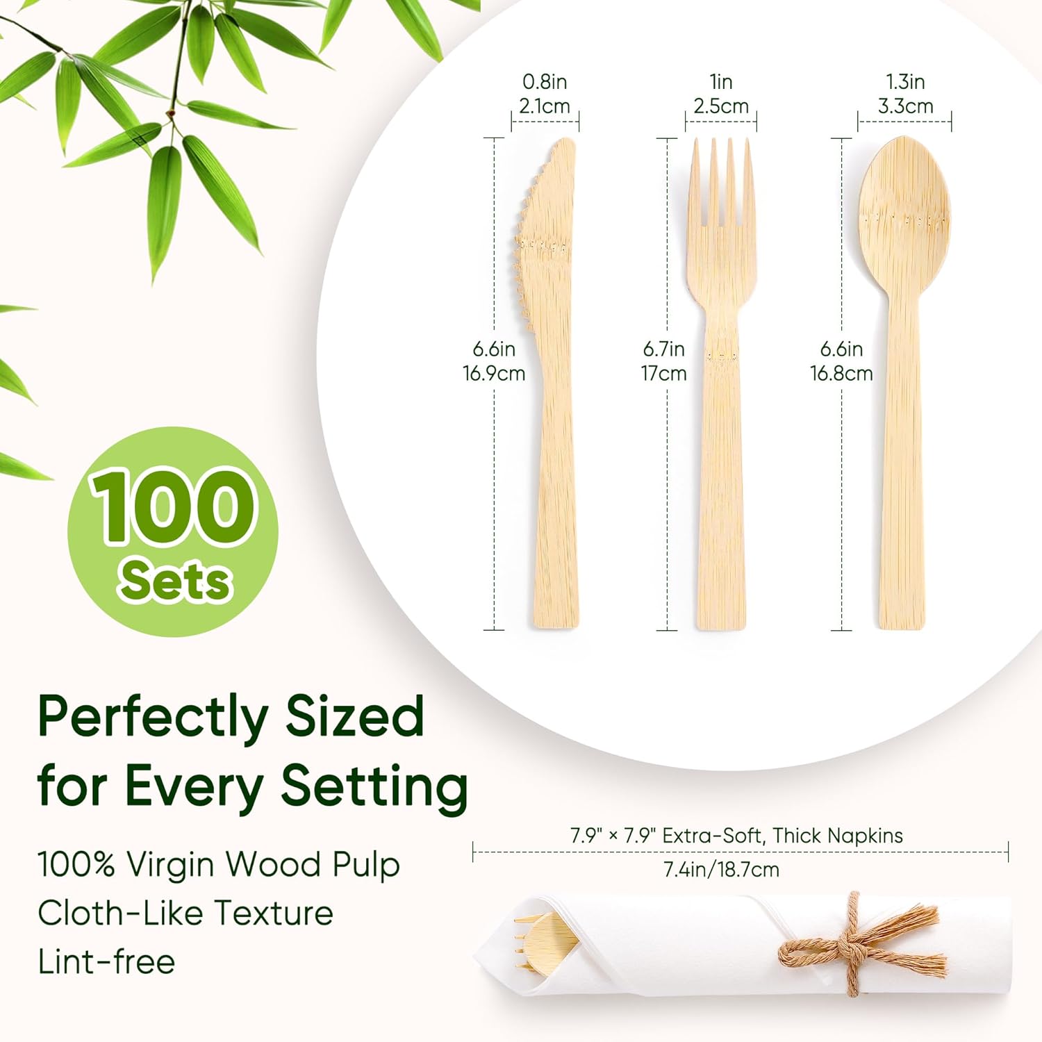 Pre Rolled Napkin and Bamboo Cutlery Set, Compostable Utensils Disposable Cutlery for Party, Wedding, BBQ, Camping, Events-100 Pack (Forks, Knives, Spoons, Rolled Napkins)