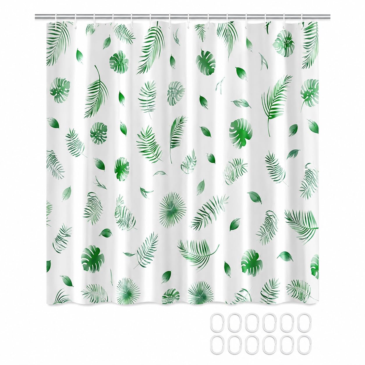 Quyueug White 1Pcs Shower Curtains, Shower Curtains For Bathroom, Bathroomcurtains, Bath Curtain With Hooks, 180 X 180 Cm, Green And Shower Curtain For Bathrooms (Green Leaves).