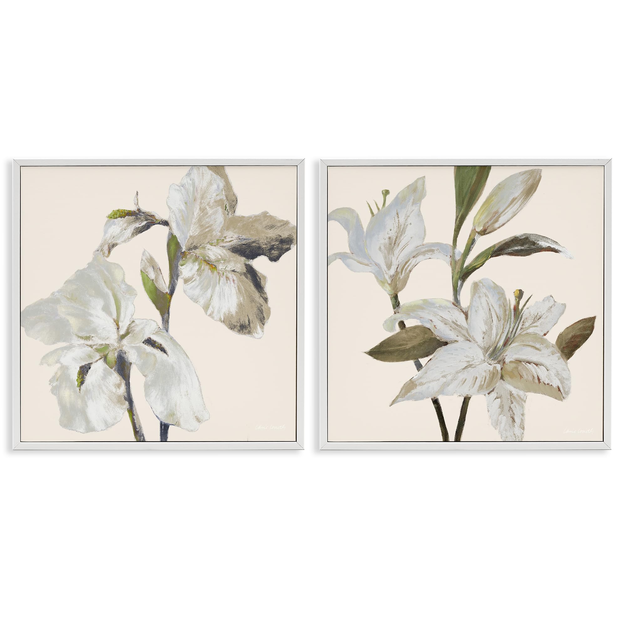 Soft Beige Irises and Lilies, 17 x 17 Inch Framed Giclée Print Set
