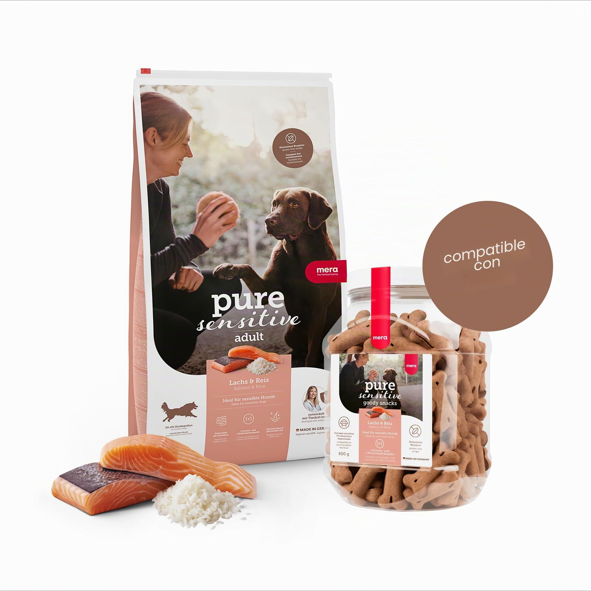 MERA pure sensitive salmon & rice, alimento seco para perros sensibles, alimento seco a base de salmón y arroz, alimento para perros adultos, sin trigo ni azúcar (12,5 kg), 1 pieza