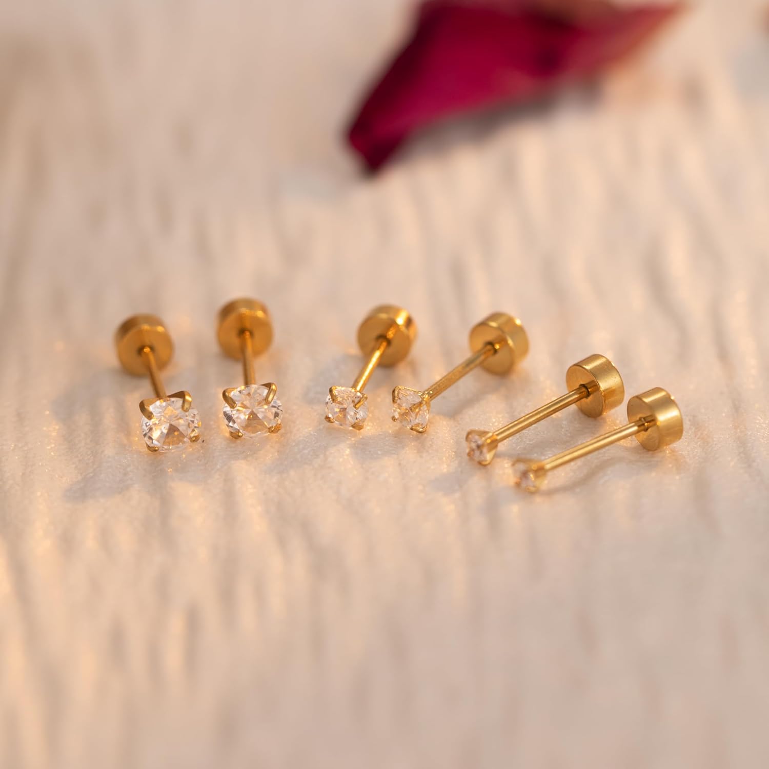 Hypoallergenic Gold Flat Back Stud Earrings for Women - 3 Pairs White/Purple/Pink CZ Screw Back Earrings Set for Cartilage, Helix, Earlobe & Multiple Piercings, Surgical Stainess Steel Safe for Sensitive Ears - Image 9