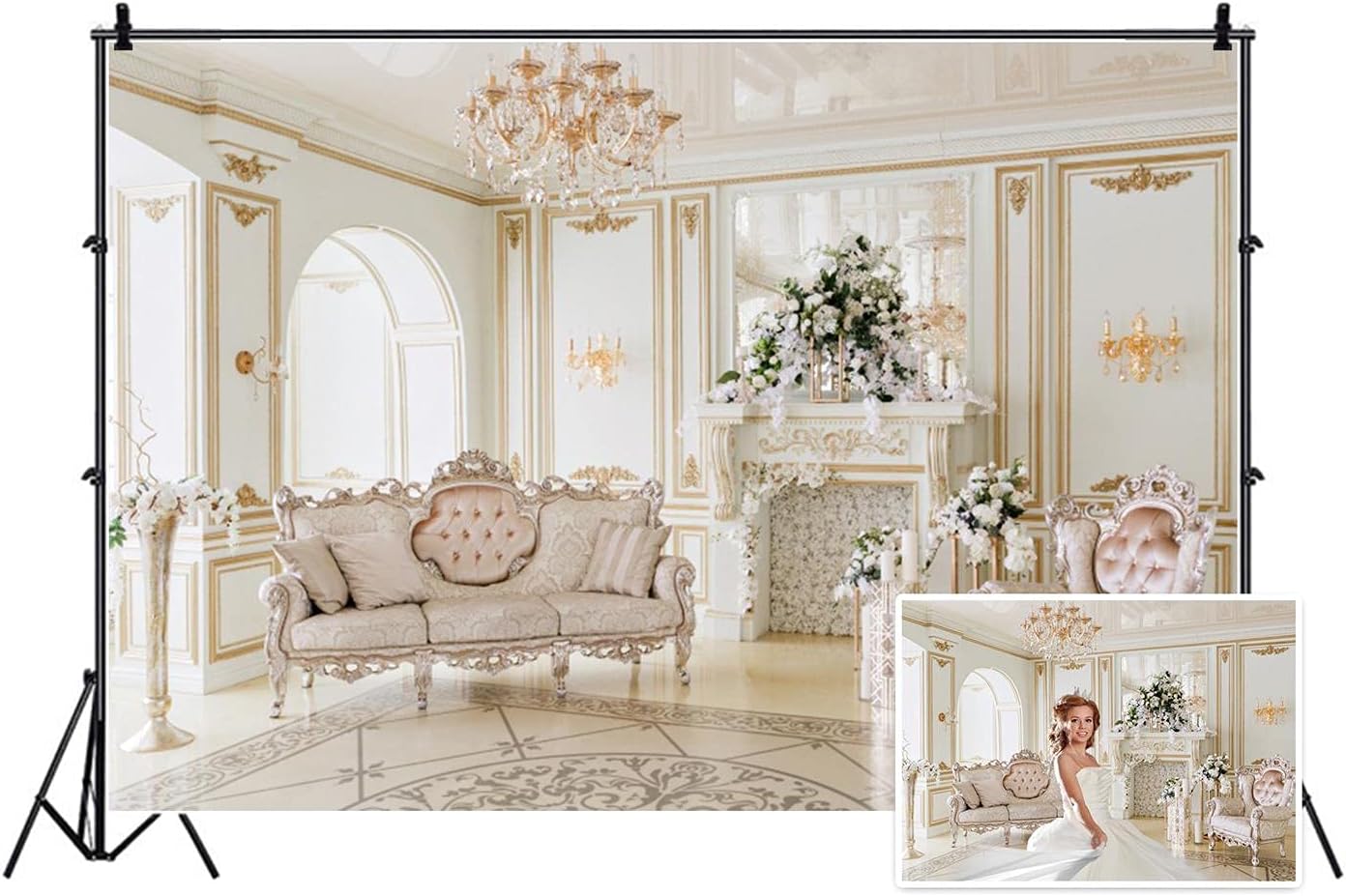 AOFOTO 10x7ft Luxury Indoor Furnishing Backdrop Royal Chandelier Chair Sofa Mantel Fireplace Flower Photography Background Elegant Aristocratic Interior Decoration Photo Studio Props Vinyl Wallpaper