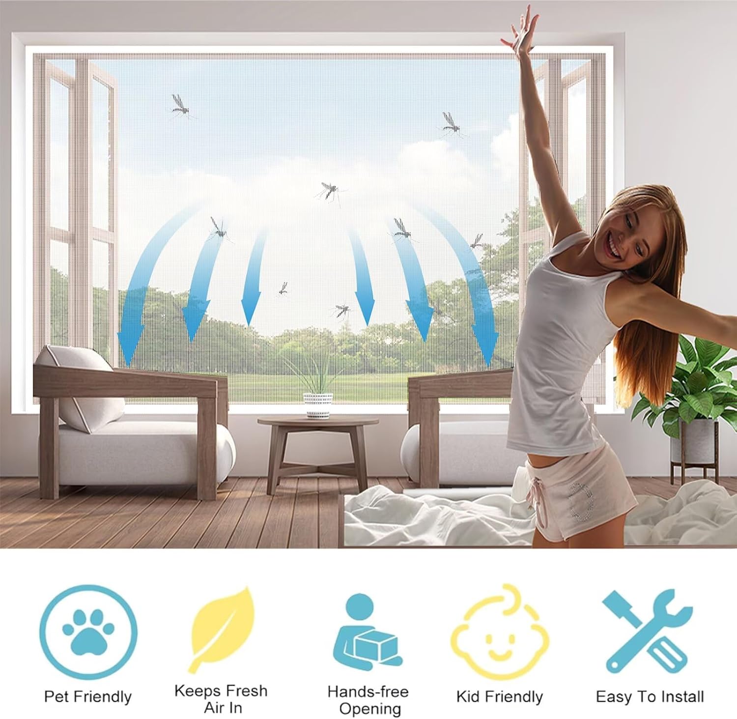 White Self-Adhesive Window Screen Netting Mesh Curtain,W155 x H170cm(61x67in) Fiberglass Netting Mesh Curtain,Windows Net Screens Fitted to Multiple Windows